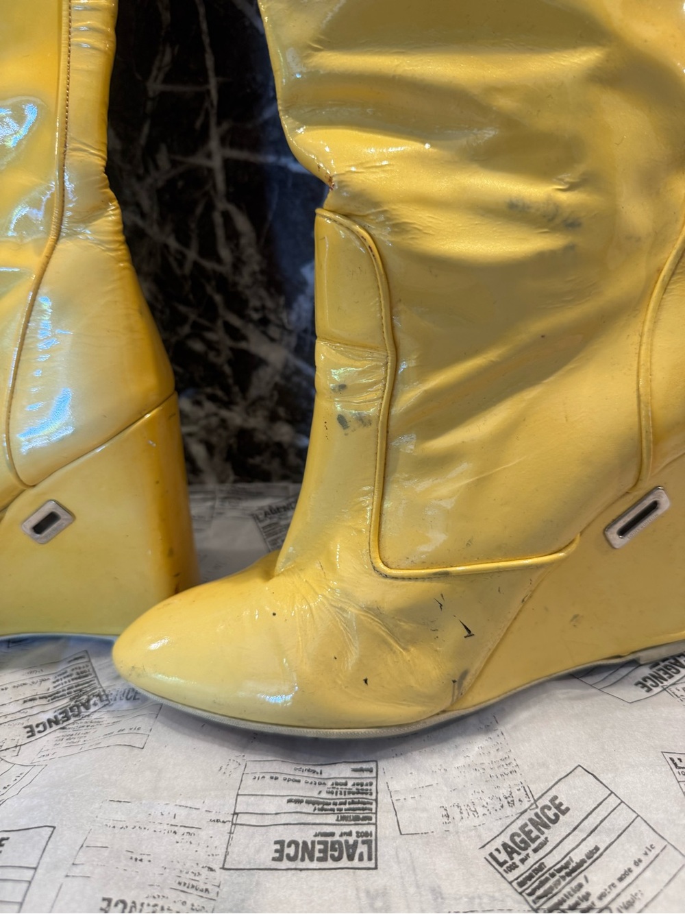 Louis Vuitton Women's Yellow Patent Wedge Knee-High Boots - Picture 3 of 5